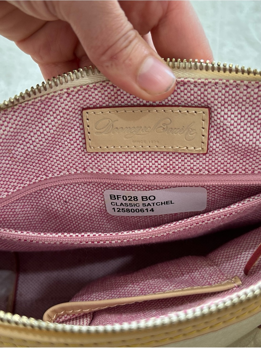Dooney & Bourke Cream Leather Satchel with Tan Trim and Navy Tag Accent - Picture 4 of 10
